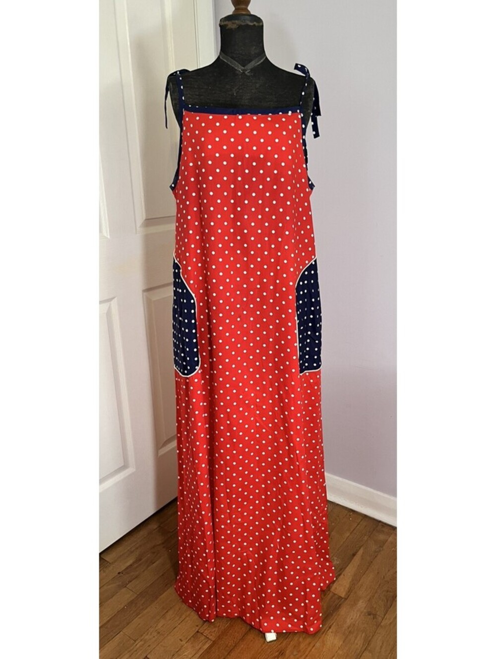 vtg 70s Alice of California Maxi Dress Red White Blue Polka Dot Boho Medium